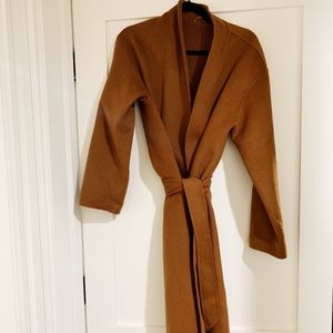 Camel fleece long tie coat